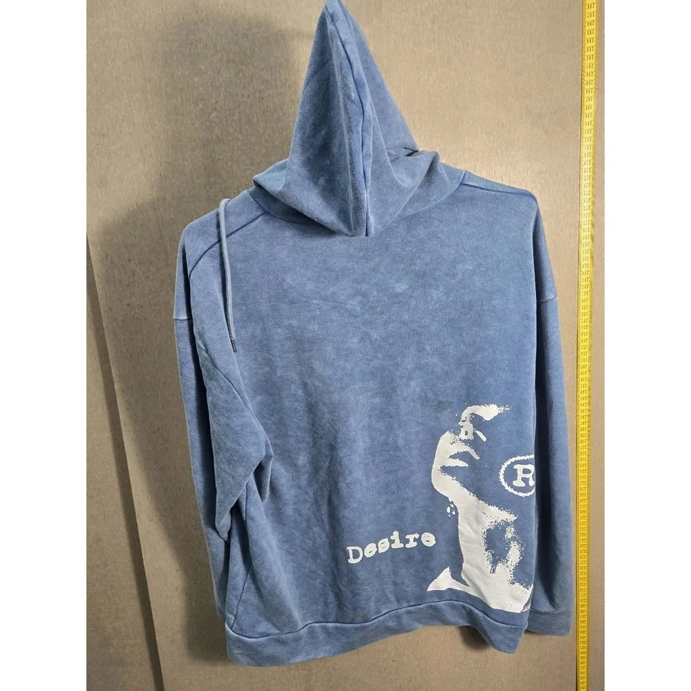ZZG Desire‎ Graphic Hoodie Medium Blue Acid Wash Pullover Sweatshirt